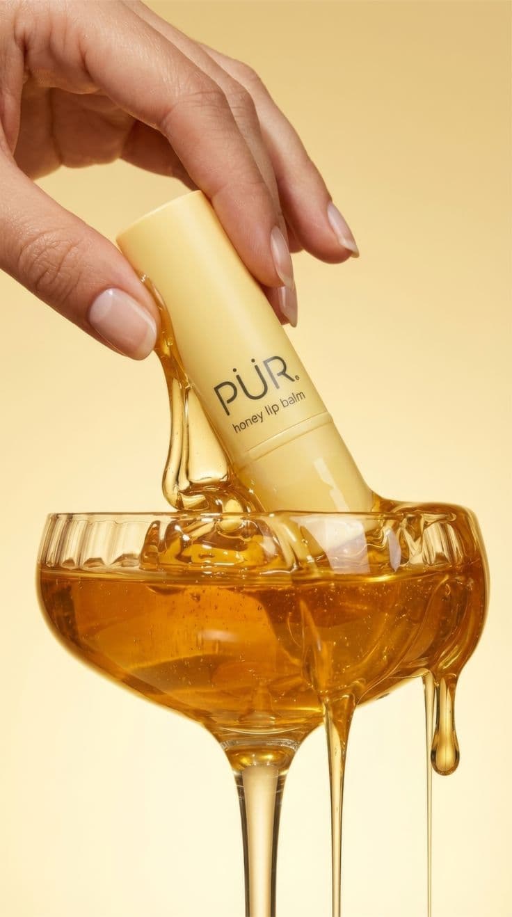 Macro beauty product shot of a pale yellow “pür honey lip balm” tube held by manicured fingers, dipped into a coupe glass overflowing with thick golden honey that drips in glossy strands, set against a seamless warm pastel-yellow backdrop. Soft diffused studio lighting with crisp highlights and shallow depth of field creates a clean, luxurious, sticky-sweet mood.