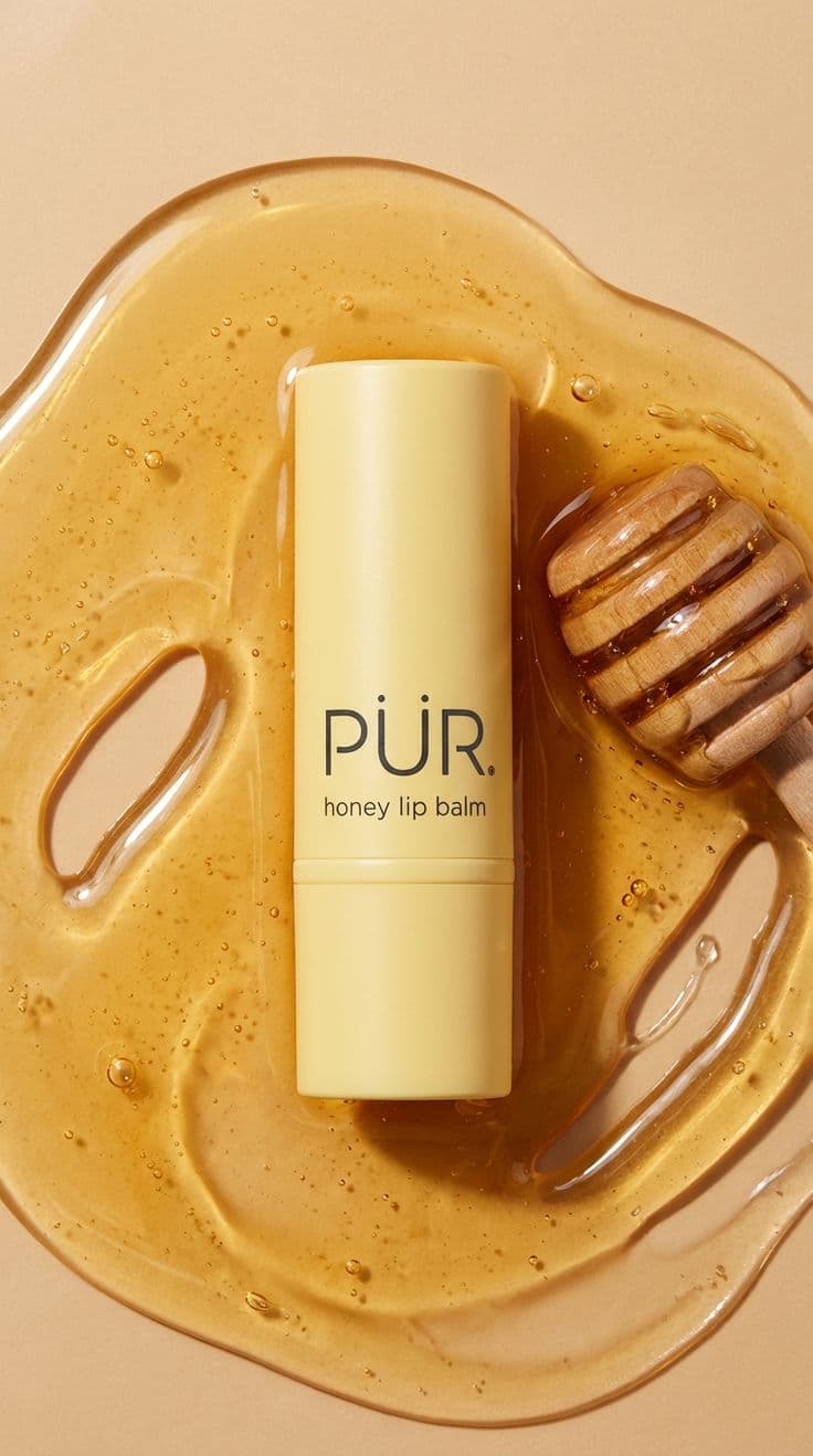 Top-down macro product photo of a minimalist pale-yellow honey lip balm tube standing upright in a glossy puddle of golden honey, with a wooden honey dipper partially submerged on a warm beige backdrop. Soft diffused studio lighting creates shimmering highlights, tiny bubbles, and a clean, luxe, cozy mood with crisp focus and subtle shadows.
