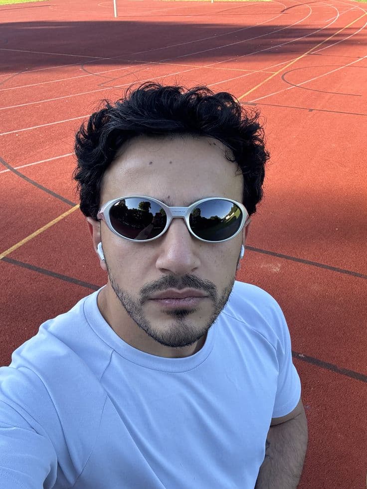 Close-up product-focused photo of sleek white oval wraparound sunglasses with dark reflective lenses, worn outdoors on a red running track with curved lane lines receding into the background. Bright late-afternoon sunlight casts crisp shadows and warm highlights, creating a sporty, minimalist mood with sharp detail and shallow depth of field.